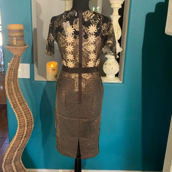 Byron Lars Antique Gold Lace Sheath 